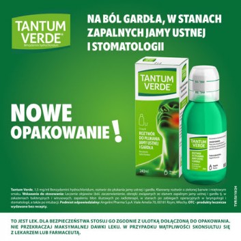 Tantum Verde płyn 1,5 mg/ml, na stany zapalne jamy ustnej i ból gardła, roztwór do płukania jamy ustnej i gardła, 240 ml - obrazek 2