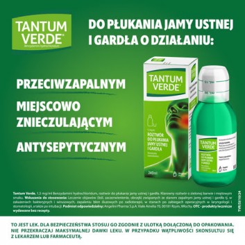 Tantum Verde płyn 1,5 mg/ml, na stany zapalne jamy ustnej i ból gardła, roztwór do płukania jamy ustnej i gardła, 240 ml - obrazek 3