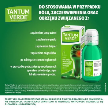 Tantum Verde płyn 1,5 mg/ml, na stany zapalne jamy ustnej i ból gardła, roztwór do płukania jamy ustnej i gardła, 240 ml - obrazek 4