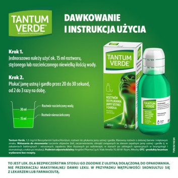 Tantum Verde płyn 1,5 mg/ml, na stany zapalne jamy ustnej i ból gardła, roztwór do płukania jamy ustnej i gardła, 240 ml - obrazek 5