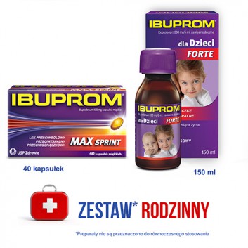 Ibuprom Max Sprint, 40 kaps. + Ibuprom dla Dzieci Forte 200 mg/5 ml Zawiesina doustna, 150 ml, cena, opinie, wskazania