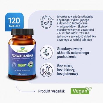 Naturell Ashwagandha, 120 tabletek - obrazek 2