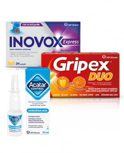 Acatar Control 0,5 mg/ml aerozol do nosa, 15 ml + Inovox Express smak miodowo-cytrynowy, 24 pastylki twarde + Gripex Duo, 16 tabletek powlekanych