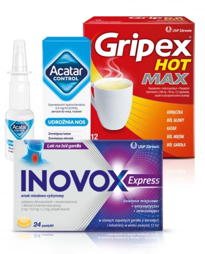 Acatar Control 0,5 mg/ml aerozol do nosa, 15 ml + Inovox Express smak miodowo-cytrynowy, 24 pastylki twarde + Gripex Hot Max, 12 saszetek