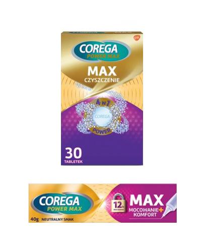 Corega Max Mocowanie + Komfort Krem do protez zębowych, 40 g + Corega Max Czyszczenie Tabletki do czyszczenia protez zębowych 4w1 z aktywnym tlenem, 30 tabletek + COREGA Wanienka do protezy - 1 szt.