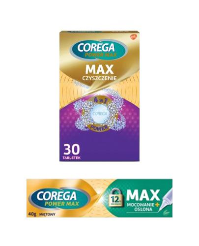 Corega Max Mocowanie + Osłona Krem do protez zębowych, 40 g + Corega Max Czyszczenie Tabletki do czyszczenia protez zębowych 4w1 z aktywnym tlenem, 30 tabletek + COREGA Wanienka do protezy - 1 szt.