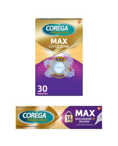 Corega Max Mocowanie + Osłona Miętowy krem do protez zębowych, 40g + Corega Max Czyszczenie Tabletki do czyszczenia protez zębowych 4w1 z aktywnym tlenem, 30 tabletek + COREGA Wanienka do protezy - 1 szt.