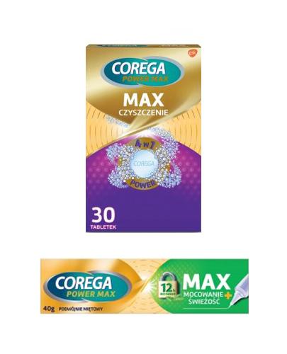 Corega Max Mocowanie + Świeżość Krem do protez zębowych, 40 g + Corega Max Czyszczenie Tabletki do czyszczenia protez zębowych 4w1 z aktywnym tlenem, 30 tabletek + COREGA Wanienka do protezy - 1 szt.