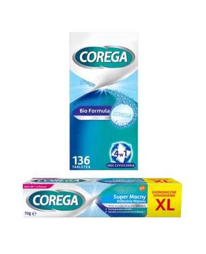 Corega Tabs Bio Formula Tabletki do czyszczenia protez zębowych 4w1, 136 tabletek + Corega Super Mocny Delikatnie Miętowy Krem mocujący do protez zębowych, 70 g + COREGA Wanienka do protezy - 1 szt.