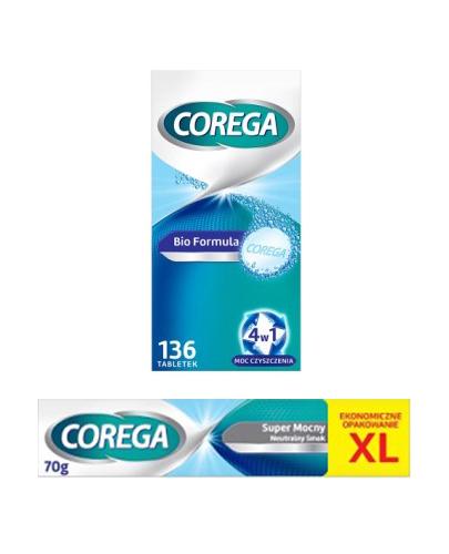 Corega Tabs Bio Formula Tabletki do czyszczenia protez zębowych 4w1, 136 tabletek + Corega Super Mocny Neutralny Smak Krem mocujący do protez zębowych, 70 g + COREGA Wanienka do protezy - 1 szt.