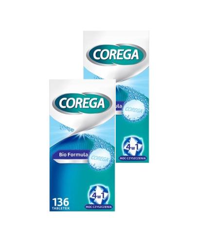 Corega Tabs Bio Formula Tabletki do czyszczenia protez zębowych 4w1, 2 x 136 tabletek + COREGA Wanienka do protezy - 1 szt.