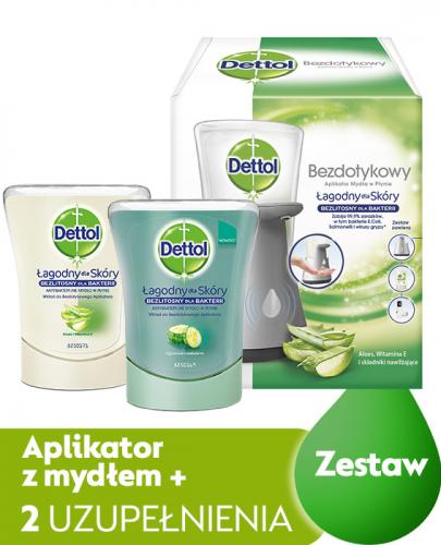 Dettol Bezdotykowy aplikator mydła w płynie z antybakteryjnym mydłem aloes i witamina E, 250 ml + Dettol Mydło ogórkowe orzeźwienie 250 ml + Dettol Antybakteryjne mydło w płynie Aloes i witamina E, 250 ml