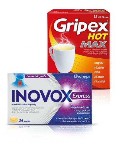 Inovox Express smak miodowo-cytrynowy, 24 pastylki twarde + Gripex Hot Max, 12 saszetek