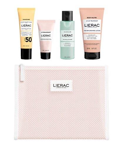 Lierac Beauty to GO emulsja ochronna 25 ml + nawilżający krem rozświetlający 15 ml + woda micelarna 50 ml + balsam regenerujący do ciała 50 ml + kosmetyczka 1 sztuka [ZESTAW]