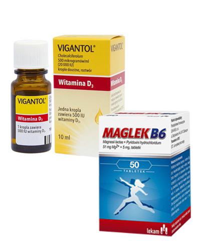 MAGLEK B6, 50 tabl. + VIGANTOL 500 µg Krople doustne, 10 ml Na niedobory magnezu, wit. B6 i wit. D