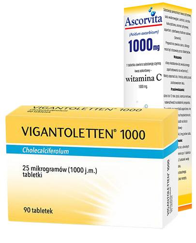 VIGANTOLETTEN Witamina D3 1000, 90 tabl. Na niedobory wit. D + ASCORVITA Witamina C 1000 mg - 20 tabl. mus. Na niedobory witaminy C